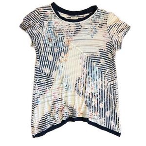 Women’s Westport Small Navy and White Striped Floral Studded Short Sleeve Top